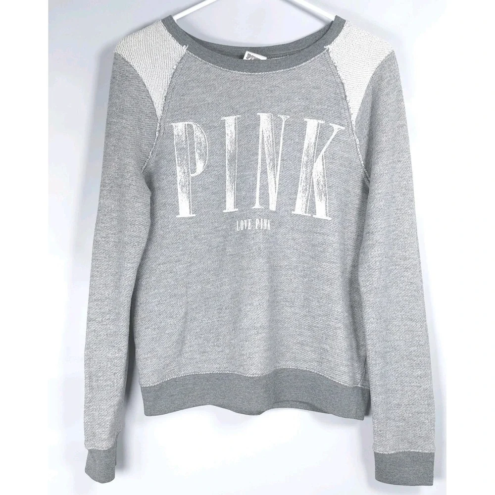 PINK Victoria's Secret Gray White Logo Crewneck Sweatshirt Raw Seam Womens Sz XS